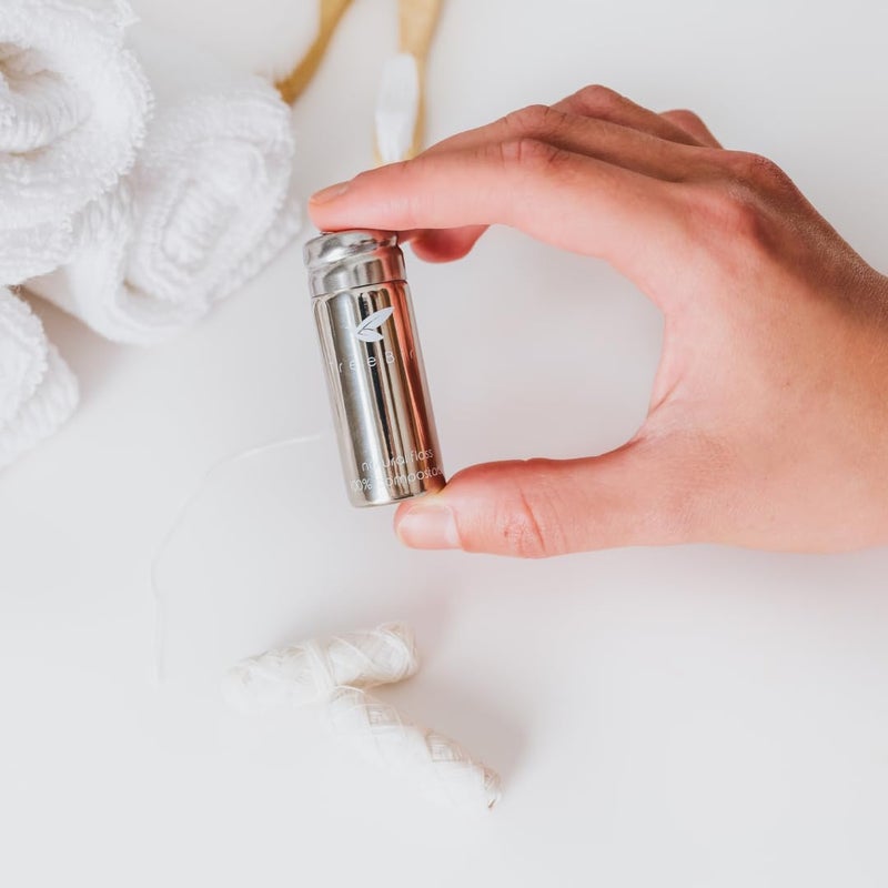 TreeBird Pure Silk Eco Floss Kit - Refillable Floss Dispenser (Stainless Steel) + 3Ã—33 yd Silk Refills | Waxed with Candelilla Wax | Mint - Image 5